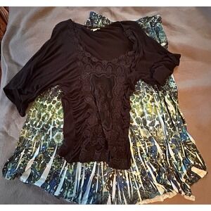 Energe Shirt Top Blouse Skirt‎ Lined Lace Boho Glam Black Teal Lot Of 2 Size M